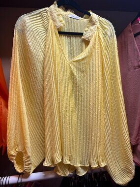 Lida Kate Yellow Swiss Dot Pleated Blouse Size Large Romantic Cottagecore Top